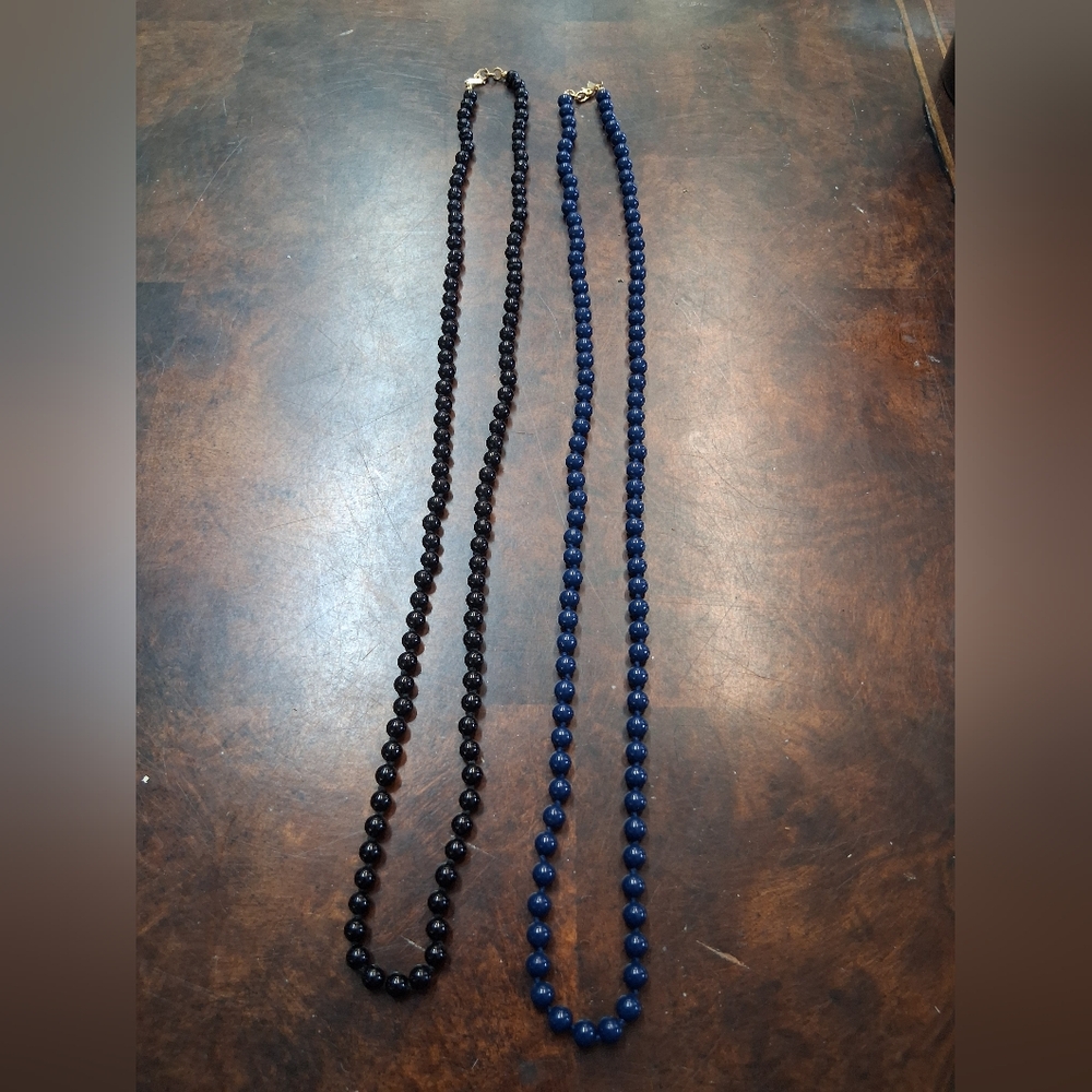 Monet Hand Knotted Black & Blue Glass Beaded Necklaces Vintage